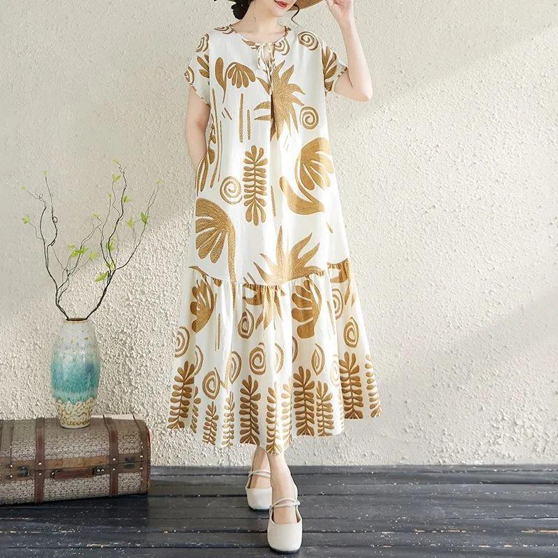 Dress for Woman Cotton Summer Plus Size Loose Floral Vintage Casual Printed Soft Long Holiday Dresses