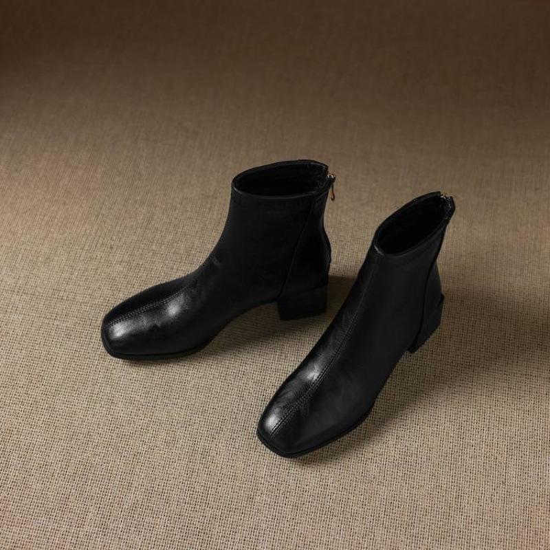 Autumn and winter solid color leather medium boots rear zipper medium heel large size women's boots square heel comfortable leather boots new f