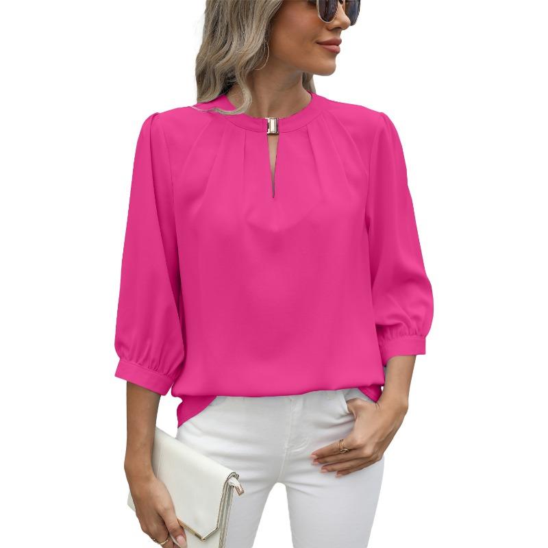 Women's Spring and Summer New Lock Hole V-neck Seven-minute Sleeve Loose Chiffon Shirt Tops