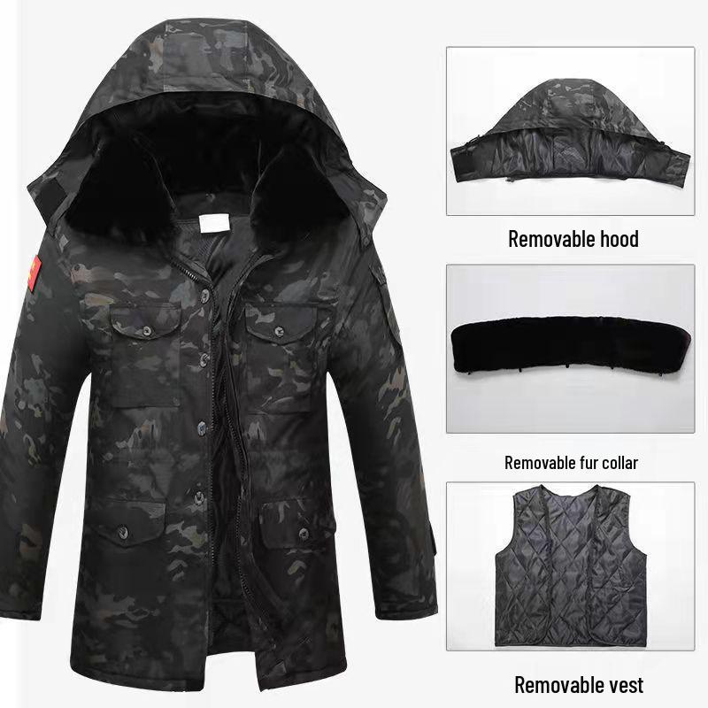 Men's and Women's Army Green Camouflage Winter Coat, Cotton-Padded, Mid-Length, Plus Velvet, Thickened for Cold Protection.