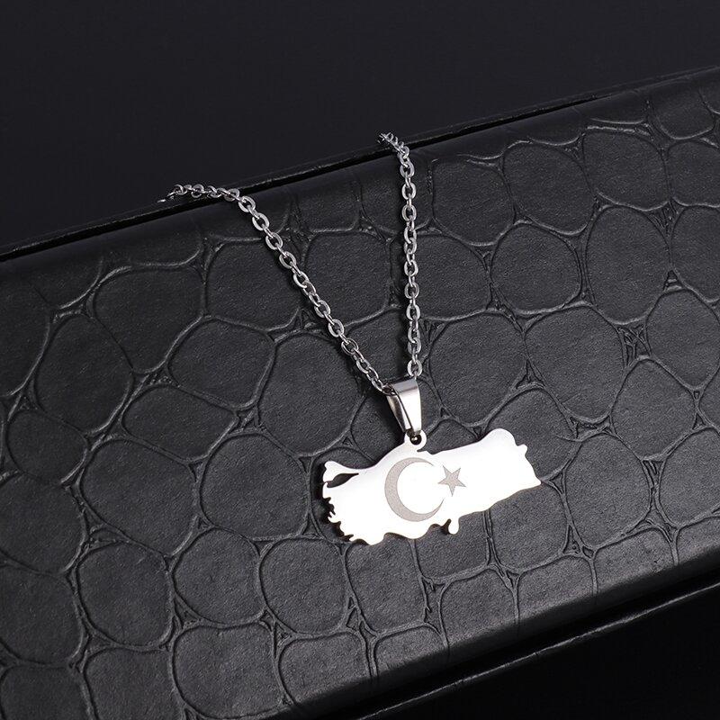 Fashionable Stainless Steel Turkey Map Flag Pendant Necklace for Women Faith Casual Jewelry Gift
