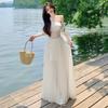 One-word Shoulder Dress Women's Summer New White Long Dress Lace Splicing Holiday Skirt