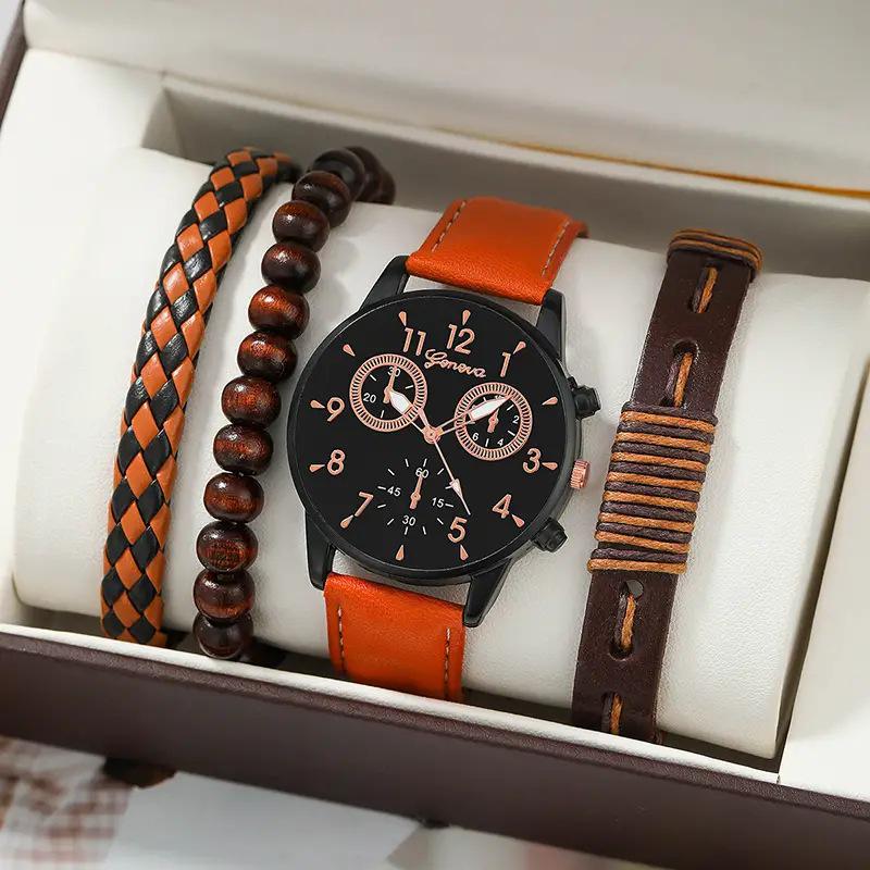 Men's Canvas Quartz Watch & PU Bracelet Set with Single Calendar & Faux Three-Eye Design