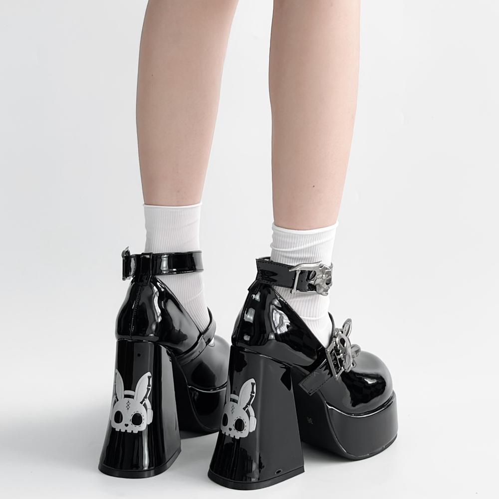 Gothic Style Girls Lolita Super High Heels Platform Shoes ,Young Women Students Punk Skull Rabbit Ankle Strap Mary Janes