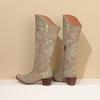 Cowgirl Westernstiefel Damen Stickerei Cowboy Stiefel für weite Wade 2024 Klobige Mittelhohe Absätze Schuhe 4 Jahreszeiten Reißverschluss PU Schuhe