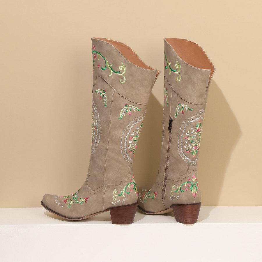 Cowgirl Westernstiefel Damen Stickerei Cowboy Stiefel für weite Wade 2024 Klobige Mittelhohe Absätze Schuhe 4 Jahreszeiten Reißverschluss PU Schuhe
