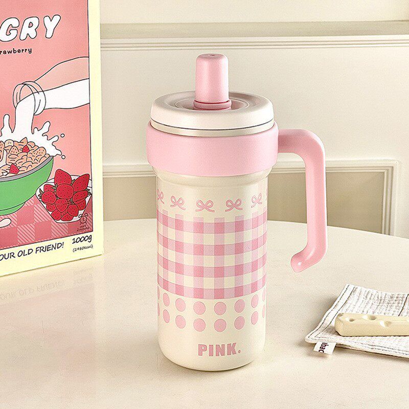 Large-Capacity Thermos Cup for Girls, New Office Water Cup, Giant Student Cup with Handle and Straw, High Aesthetic Value
