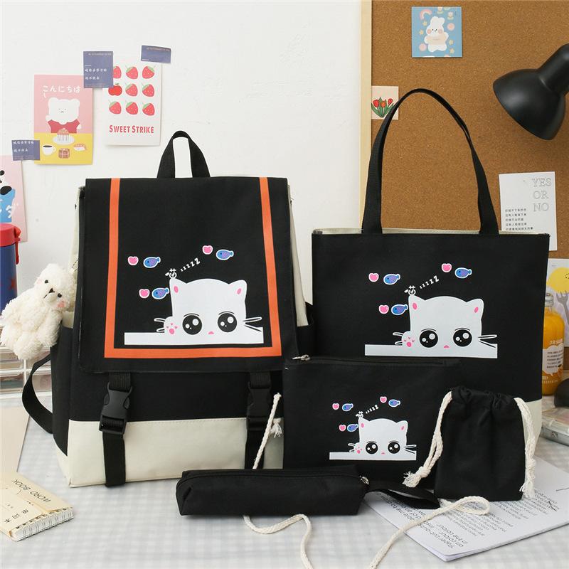 School Bag Academy's New Three Four Five Six Primary School Students Five-piece Backpack Cute Cat Print Middle School Student Schoolbag