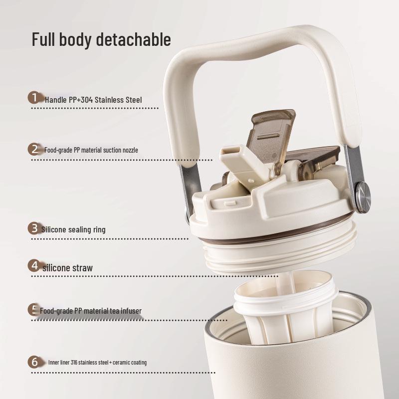 Ceramic Liner Large Capacity Travel Thermos Cup with Straw