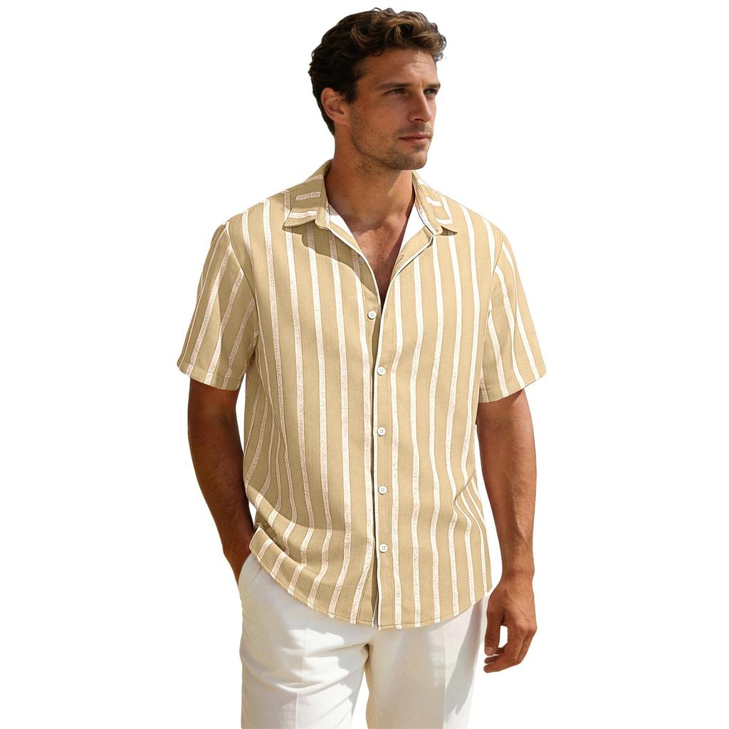 Men Short Sleeve Striped Button Down Shirt Casual Loose Fit Lightweight Breathable Collared Summer Top for Daily Wear
