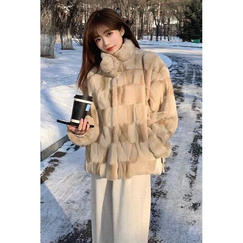 Winter imitation fur coat women's autumn and winter imitation rabbit fur stand-up collar regular cotton thickened loose lamb wool coat