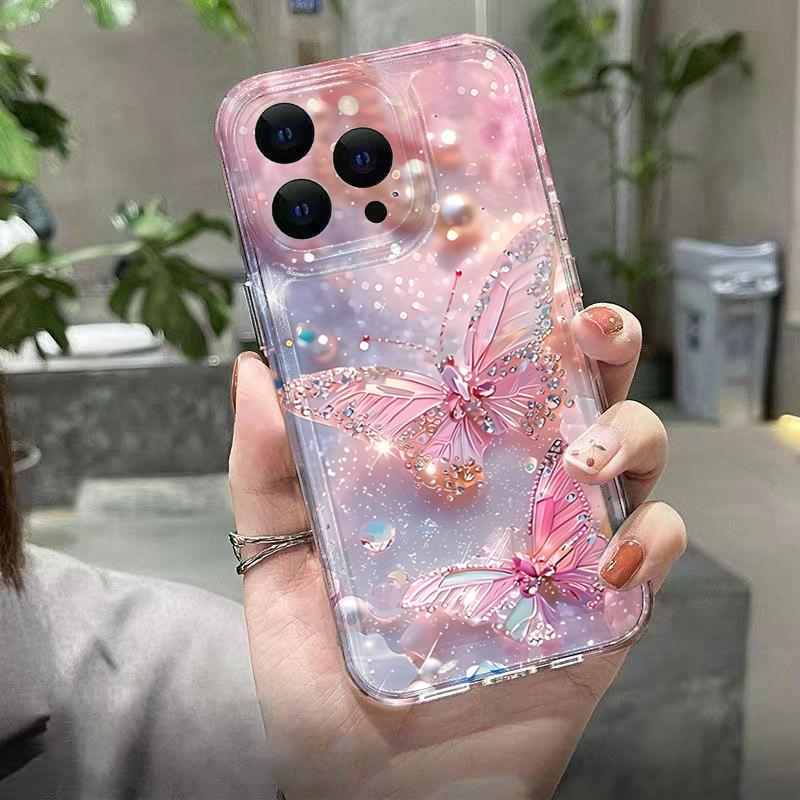 Phone Case For Xiaomi 13 12 11 Lite 5G 14 13 14T 13T 12T For Xiaomi 17 Pro Max Diamond Pearl Butterfly Pattern Transparent Cover