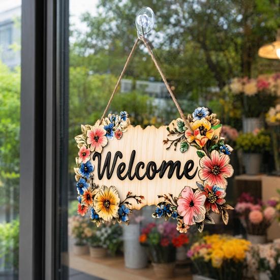 Floral Wooden Welcome Sign Front Door Sign Ornaments Flower Hanging