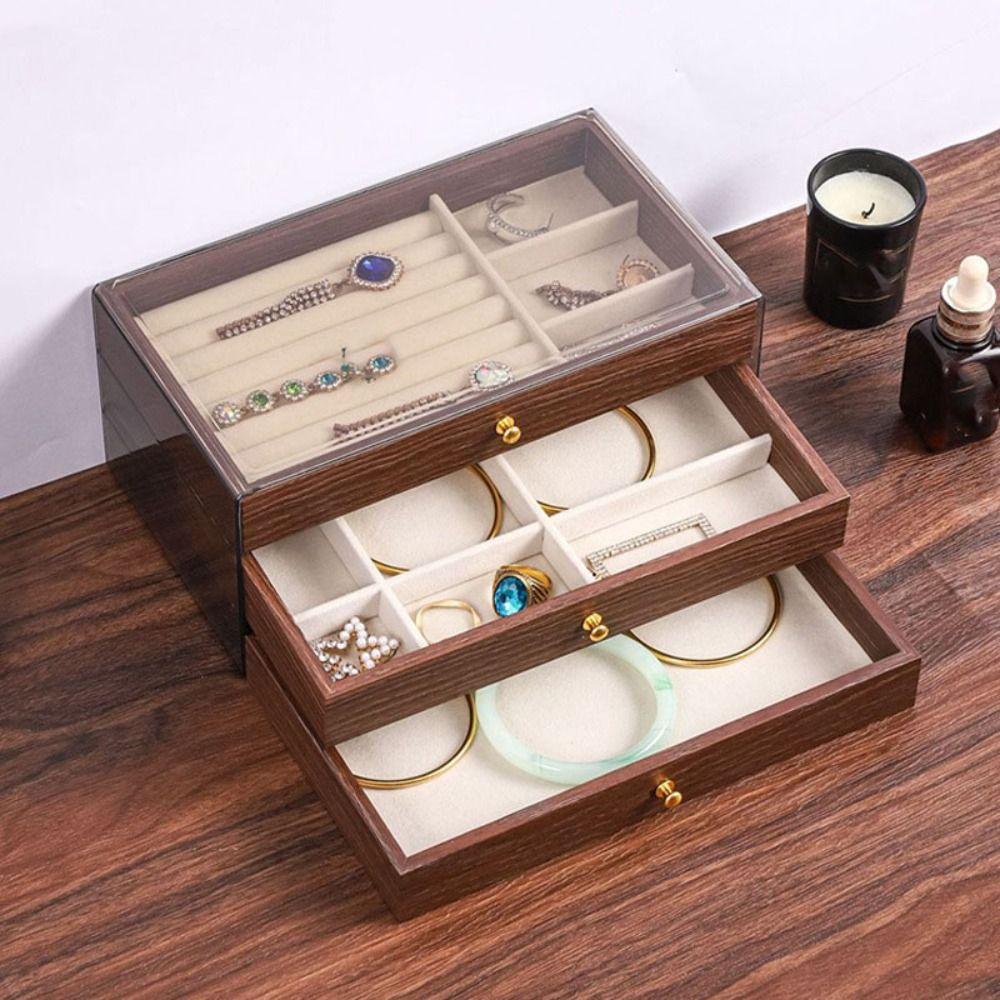 Transparent Window Wooden Jewelry Box Rings Necklace Jewelry Storage Case  Vacation