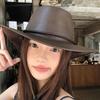 Leather Western Cowboy Hat Autumn and Winter Hat Women's Large Brim Showing Face Small Bucket Hat Outdoor Windproof Mountaineering Hat