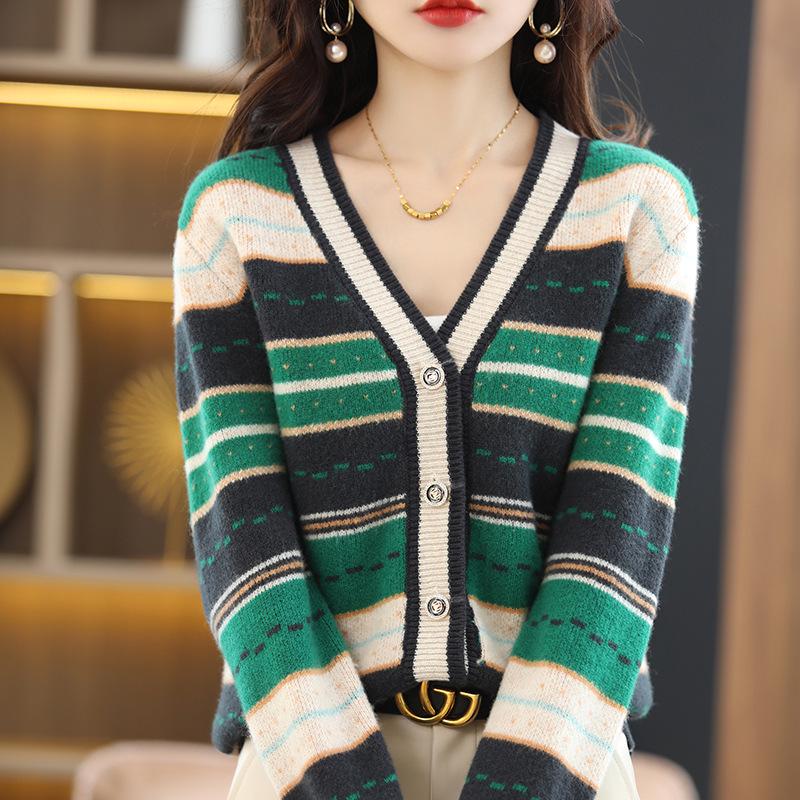 Autumn 2023 Women's V-Neck Color Block Striped Knit Cardigan - Versatile Fashion for Casual Wear