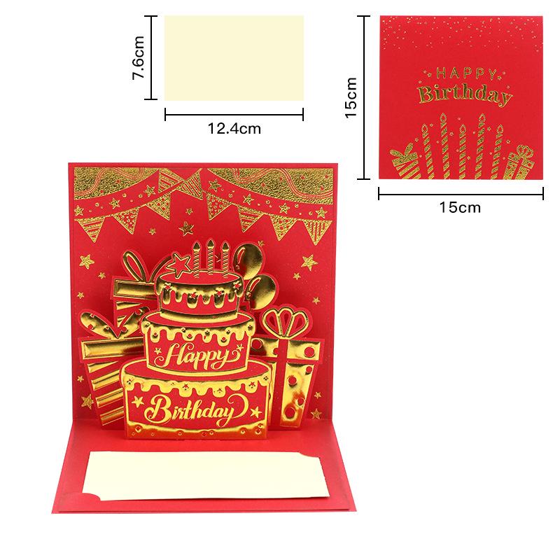 3D Pop-up Birthday Card with Red Envelope & Gold Cake Design - Handmade Paper Cut Blessing
