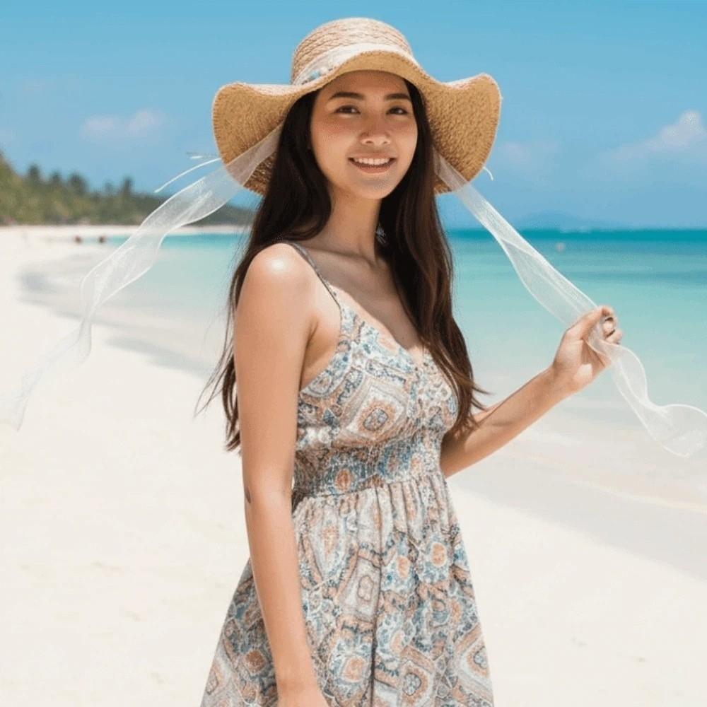 Breathable Vacation Beach Cap with Turquoise with Lace Big Brimmed Straw Hat Sombrero Sunshade Topi Woven Sun Cap Fashion Show
