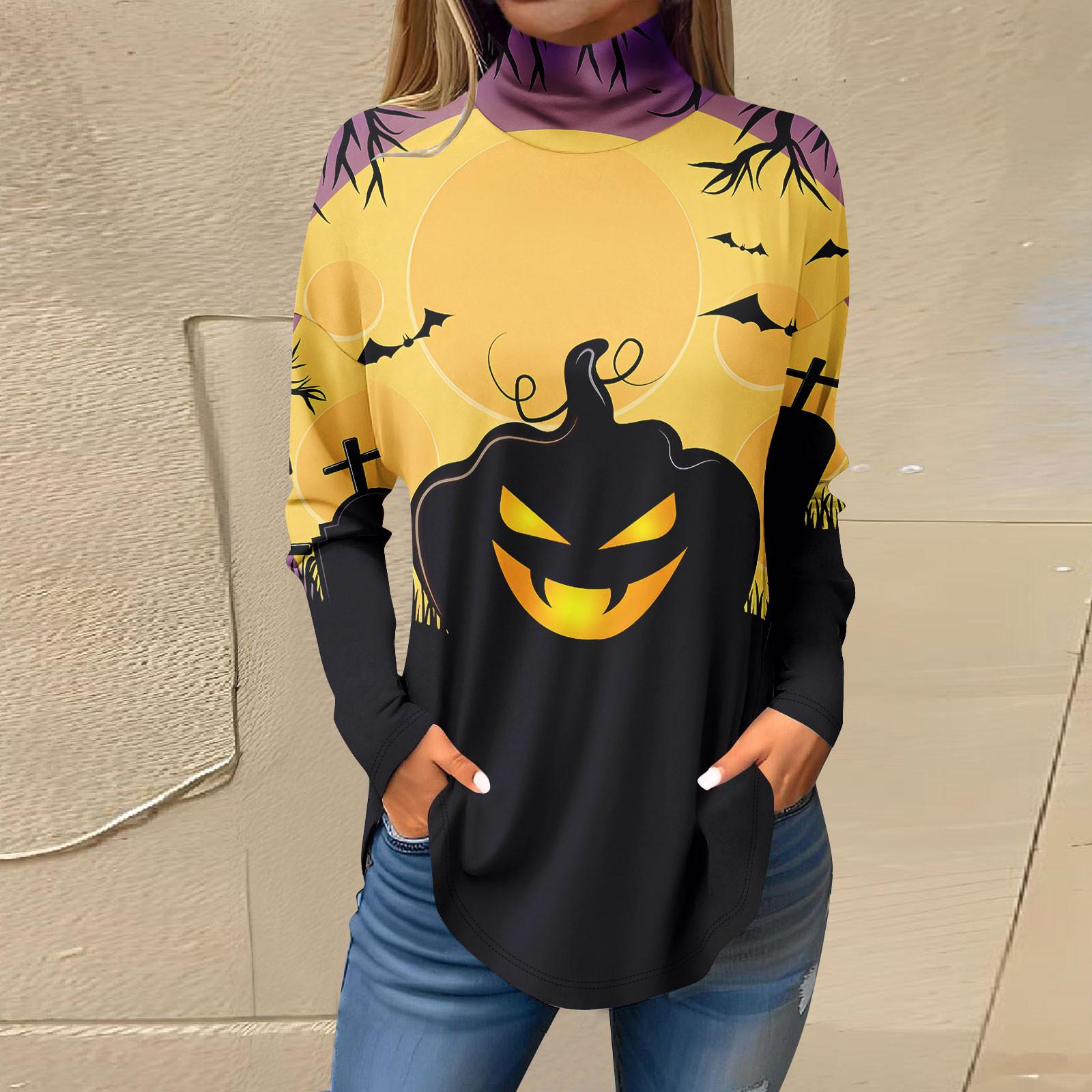 

Футболки для женщин, осенние повседневные рубашки с длинными рукавами, толстовка с принтом на Хэллоуин, топ с высоким воротом, пуловер L жёлтый