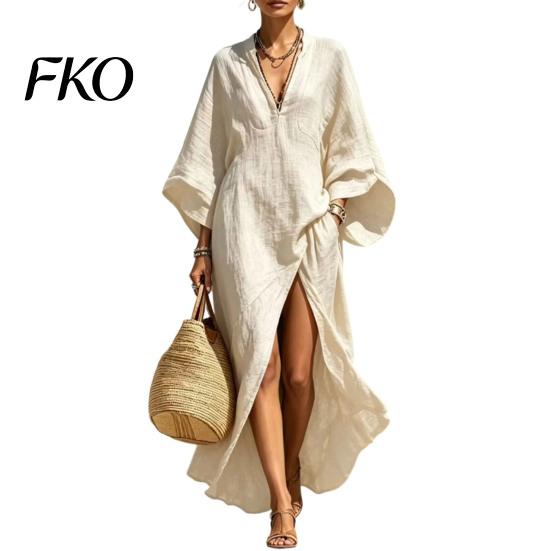 Sweat-absorbent Dress Women's Cotton Linen Maxi Dress, V Neck Batwing Sleeve Comfortable Daily Wear High Split Loose Casual Beach Sundress with