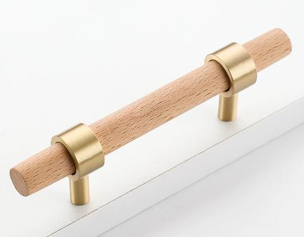 Nordic Gold Minimalist Beech Wood Cabinet Door Handle with Long Brass Pull Natural Wood Style for Wardrobe or Drawer