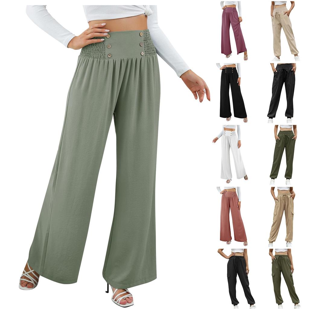 Ladies Color Fashion Elastic Waist High Waist Wide Leg Pants Casual Pants