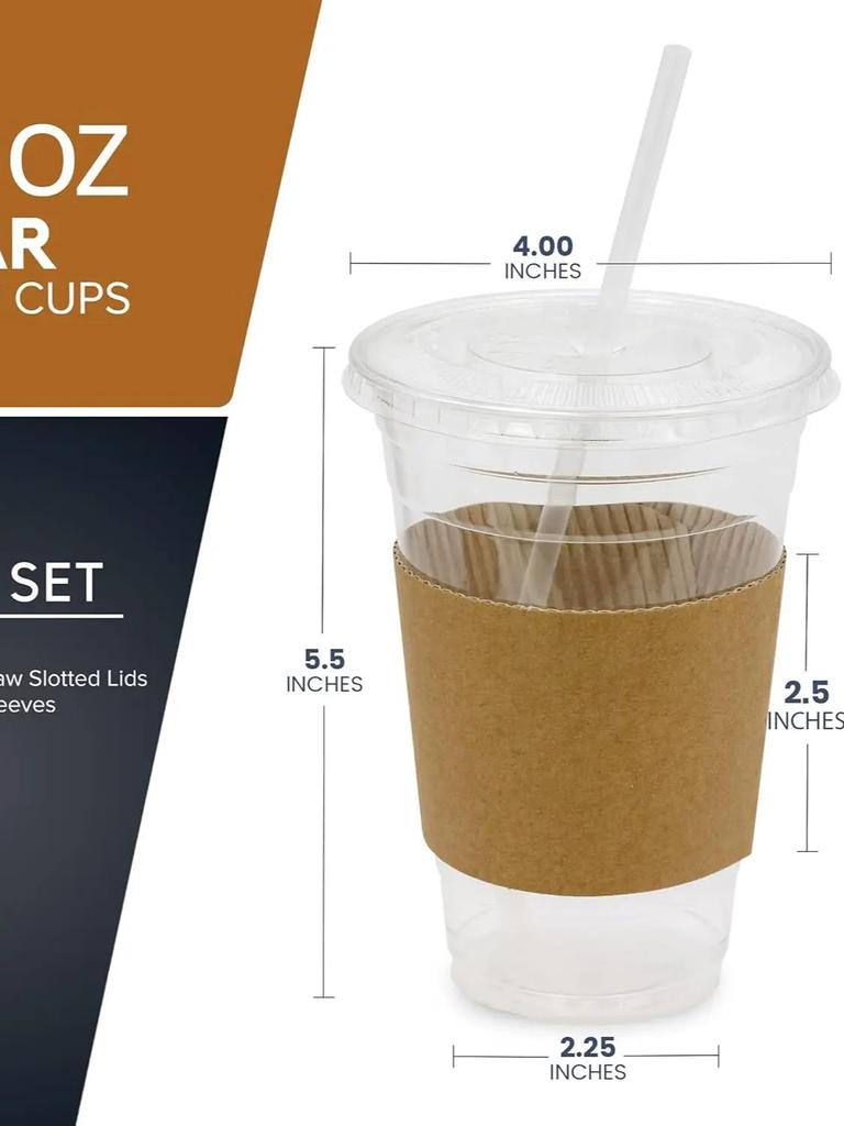 20 Sets 16/20/24OZ Clear Plastic Cups with Lids Straws Sleeve for Cold Drinks Juice Smoothie Coffee Huge Disposable Cups 1L