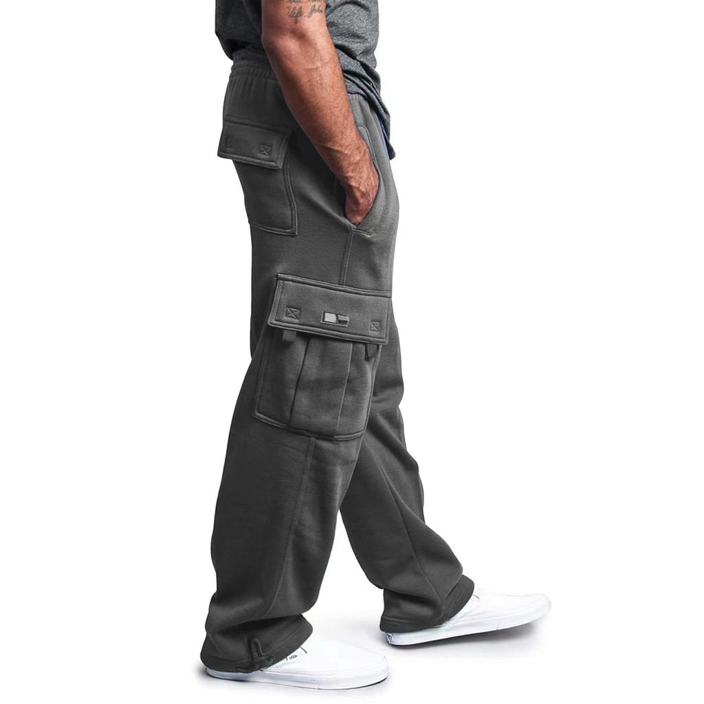 Autumn and Winter Padded Sports and Leisure Trousers Men's Drawstring Feet Multi-pocket Tie Rope Loose Work Trousers Man