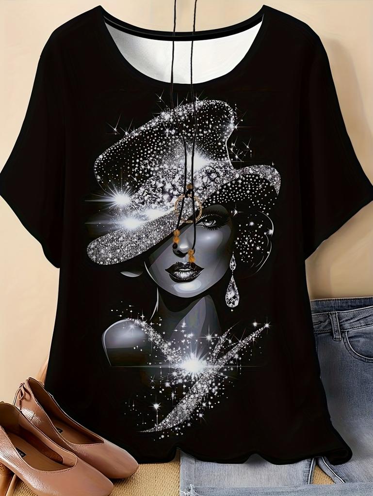 Retro Elegant Women's T-Shirt Ladies Pattern Casual T-Shirt Short-Sleeved Round Neck Tees Women's Clothing Summer Women's Tops