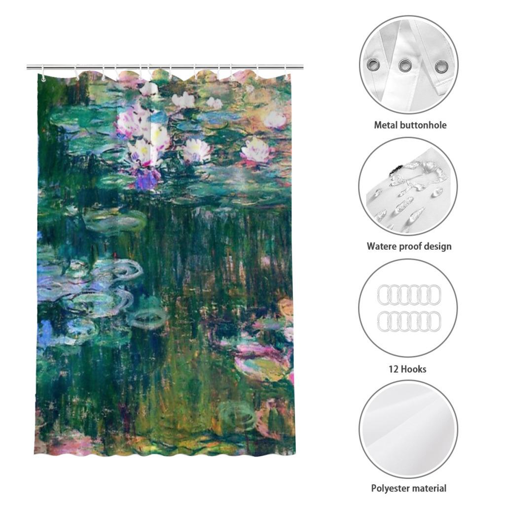 Water Lilies Monet Shower Curtain Landscape Bath Curtain With Hooks for Bathroom Waterproof Scenery