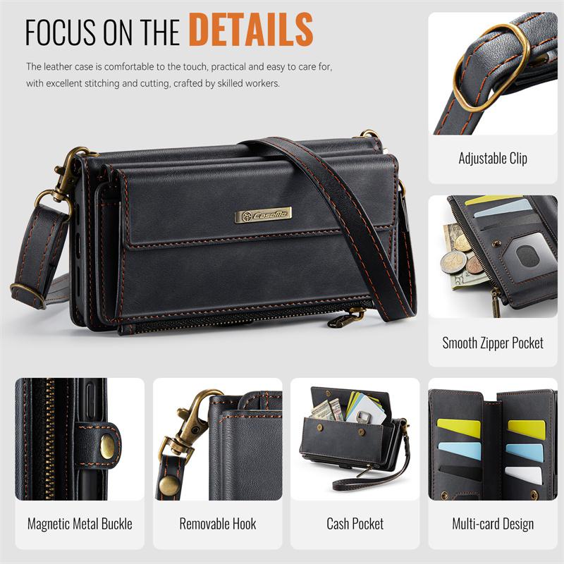 CaseMe Flip Leather Phone Case for iPhone 17 Pro Max 17E Air 16 Plus 16E 15 14 13 12 11 X XS XR SE 2022 8 Long Lanyard Zipper Wallet Multi Card Cover