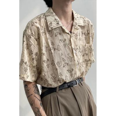Herren Vintage Botanischer Print Kurzarmhemd Oversized Camp-Kragen Bluse Lässiges Sommer Button-Down Top