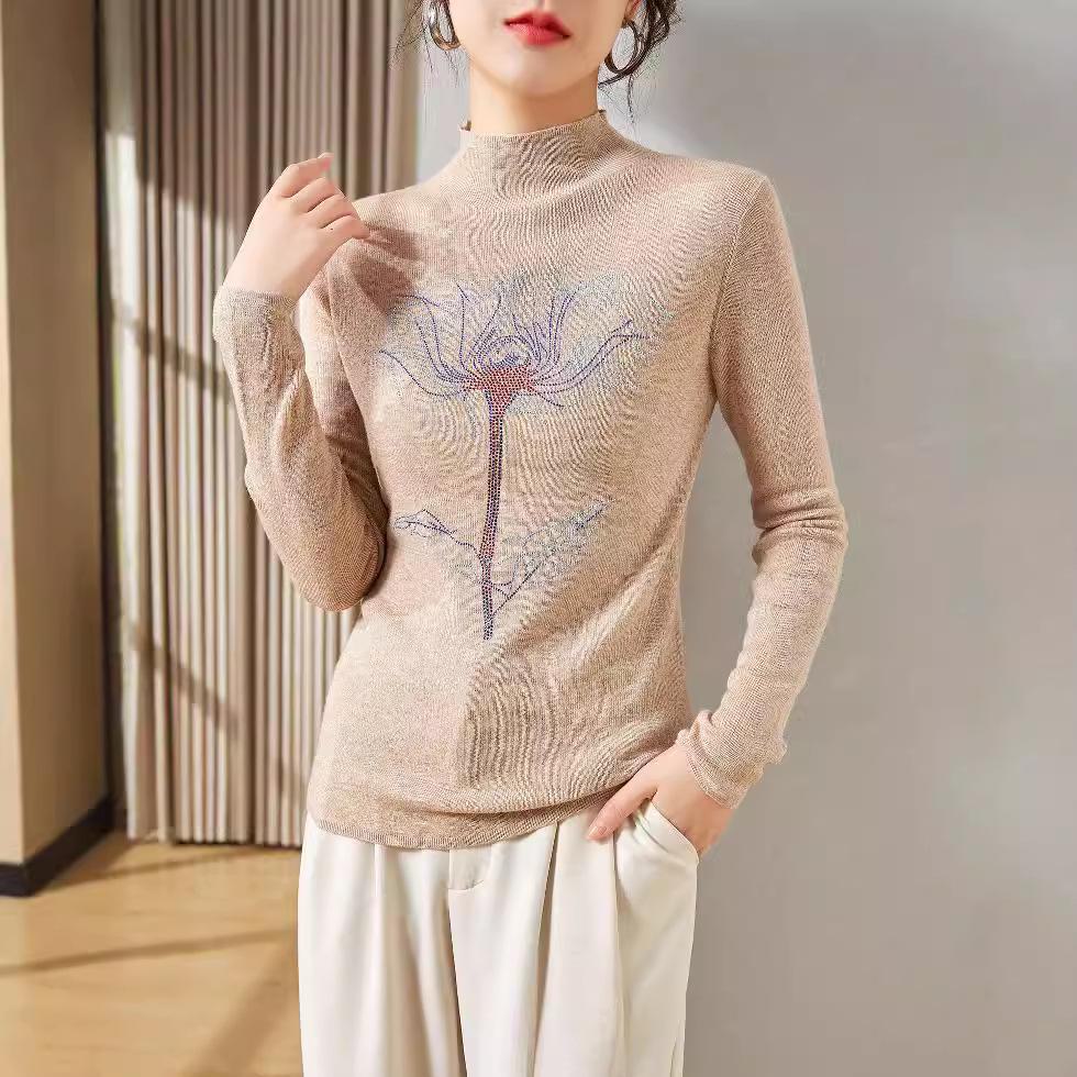 Women's Silk Wool Sweater: Rose Diamond Knit, Half-High Collar, Fall/Winter 2024