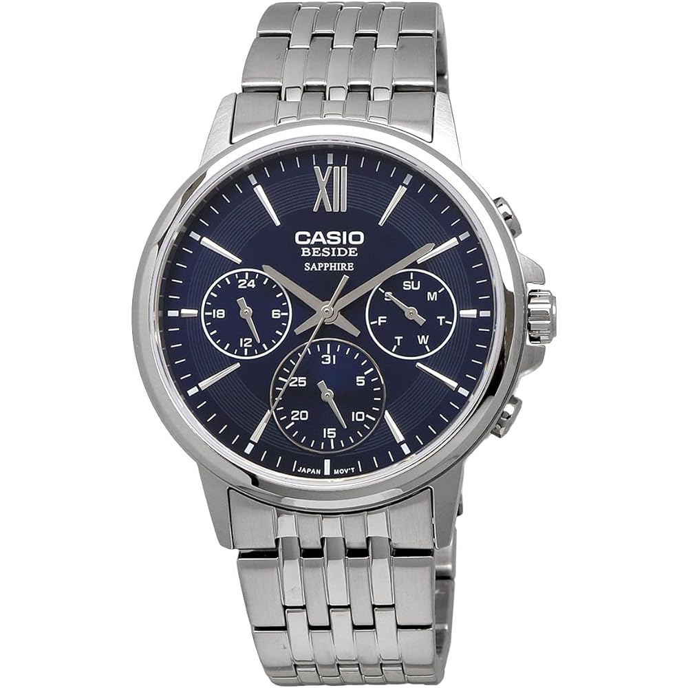 Casio Beside Quartz Men's Watch Sapphire Glass BMS-300D-2AV Stainless Steel Band 24-Hour Display Navy