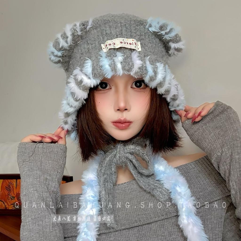 New cute cartoon funny little monster plush knitted handmade hat warm autumn and winter fashion Lei Feng hat shows small face
