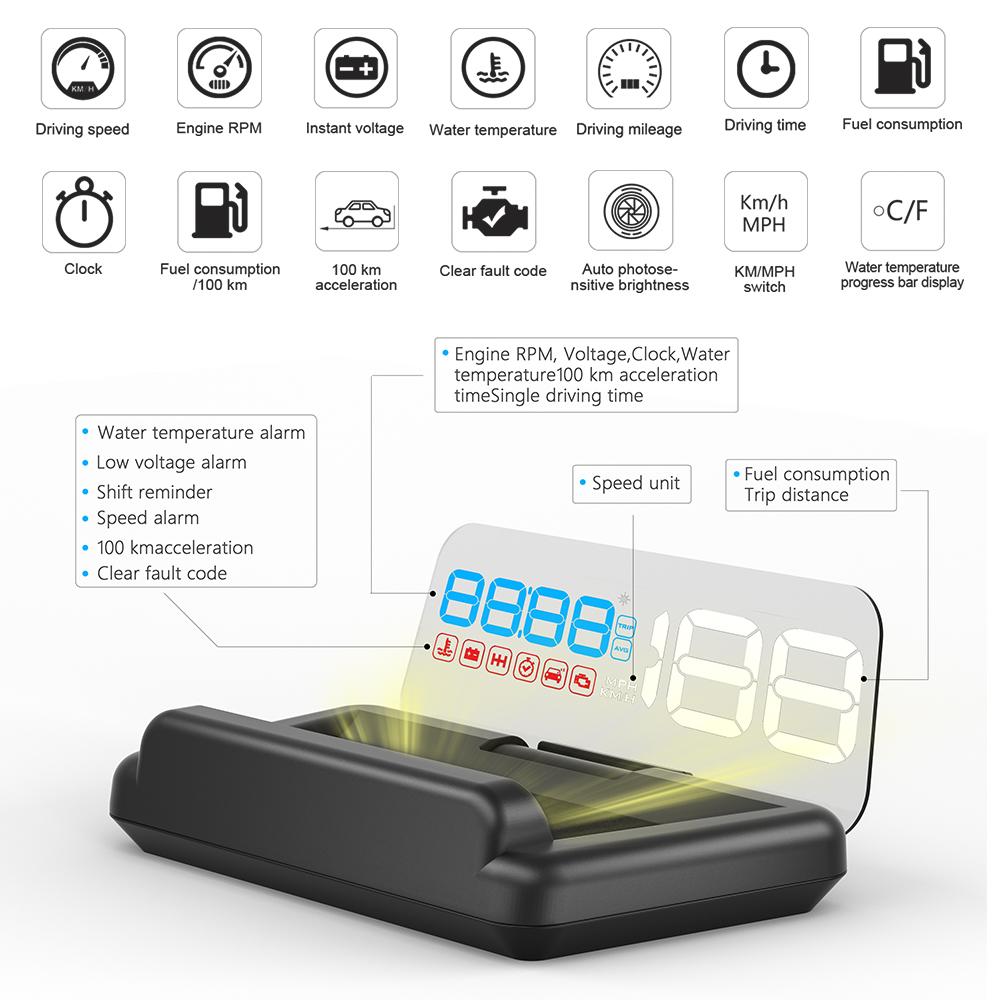 ZQKJ C500 HUD Car OBD2 Head Up Display Speedometer Projector EOBD Automobile Digital On Board Computer Water Temperature Gauges