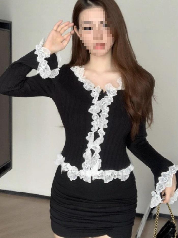 New Arrival: French Fashion Lace Patchwork Knit Cardigan - Sweet & Slim Fit for Early Autumn