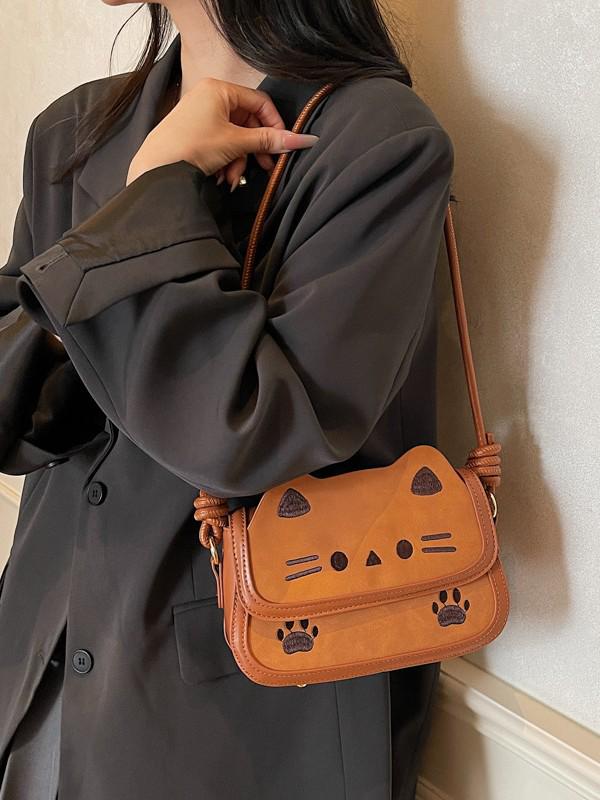 Korean Style Cartoon Kitten Crossbody Bag - Cute Retro Matte Shoulder Bag for Girls and Students