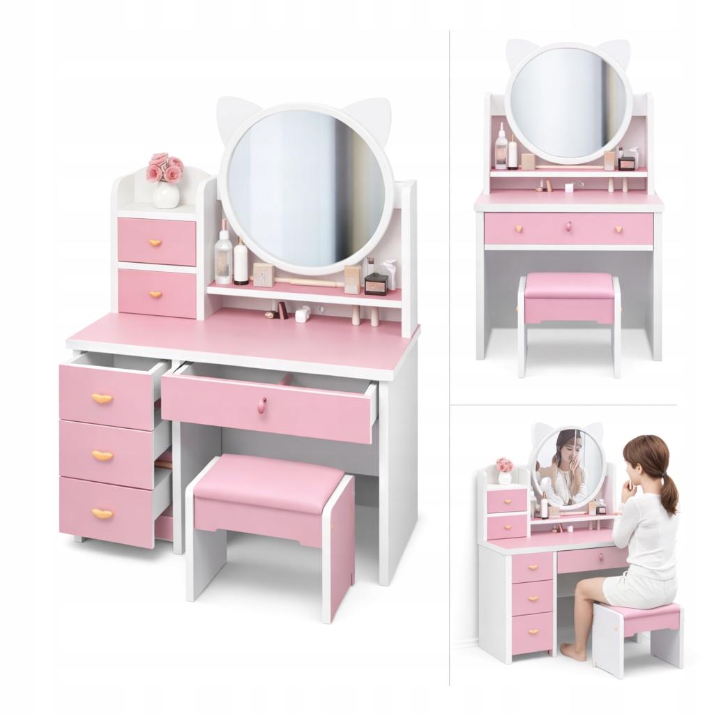 LED makeup vanity with mirror, pink cosmetic bag + girl's stool