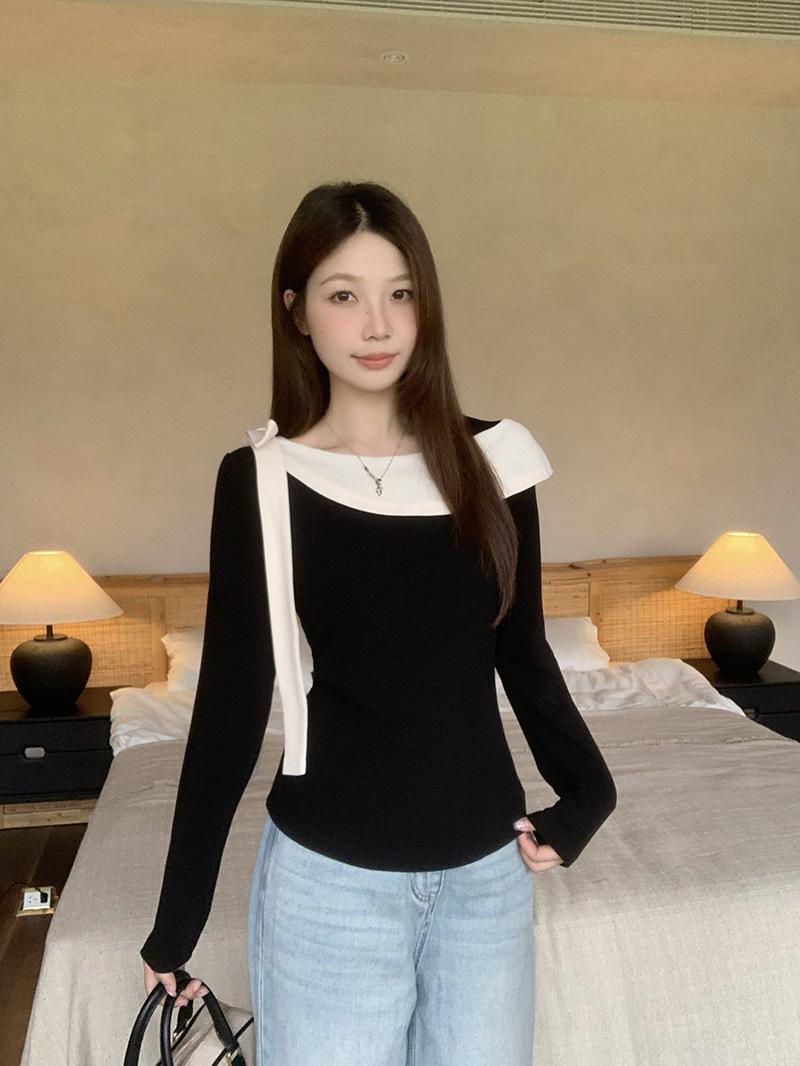 

Women s Plus Size Color Block Bow Knot Ruffle Top - Long Sleeve Design XXXXL чорний