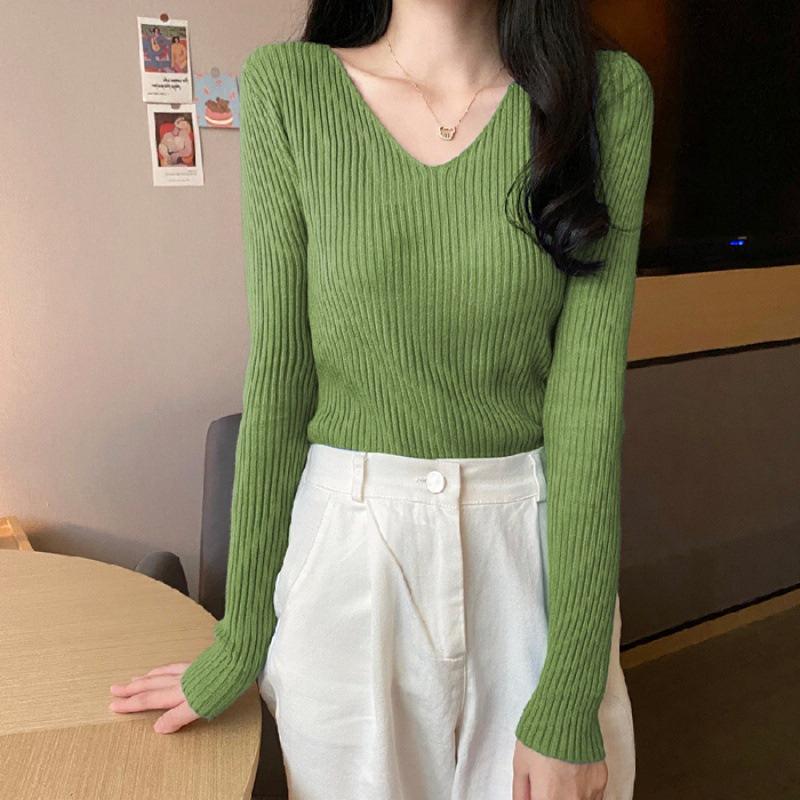 Sweater women's autumn and winter new versatile slim-fitting v-neck bottoming knitted sweater foreign style inner long-sleeved tight top
