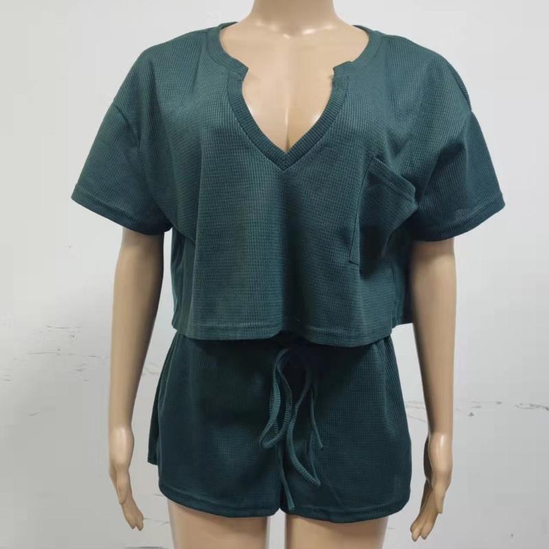 BITCED Spring and Summer Women's Short-sleeved V-neck Top Shorts Home Two-piece Suit