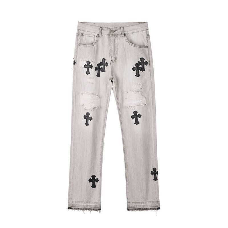 

Black of Exit Chinese Street Fashion Cross-Stitch Embroidered Raw Hem Straight-Leg Jeans Heavy-Duty Cement Gray Long Pants Cement Ash L