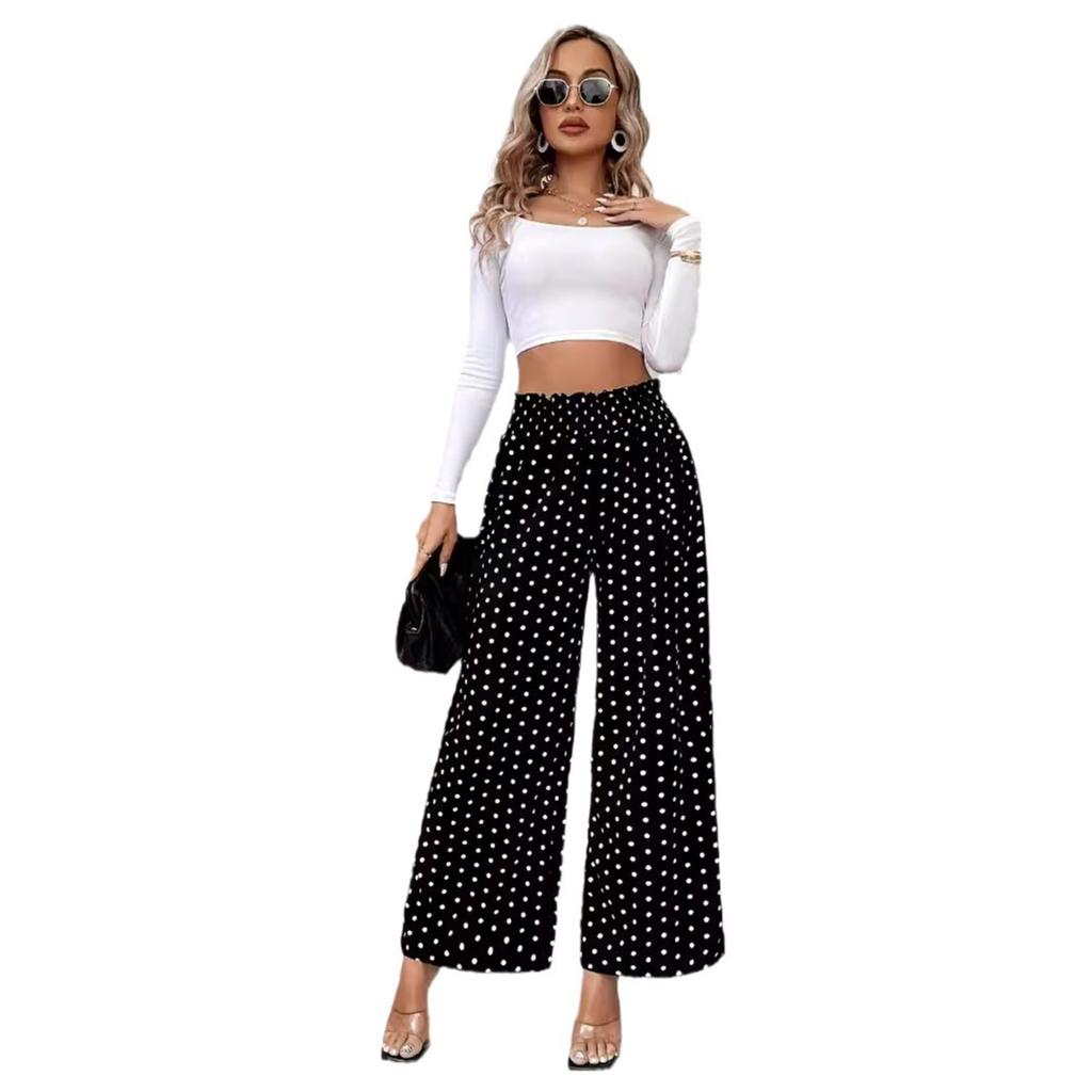 Spring/Summer Polka Dot Print High-Waisted Wide-Leg Pants Elegant Loose-Fit Casual Comfortable Slimming Long Pants