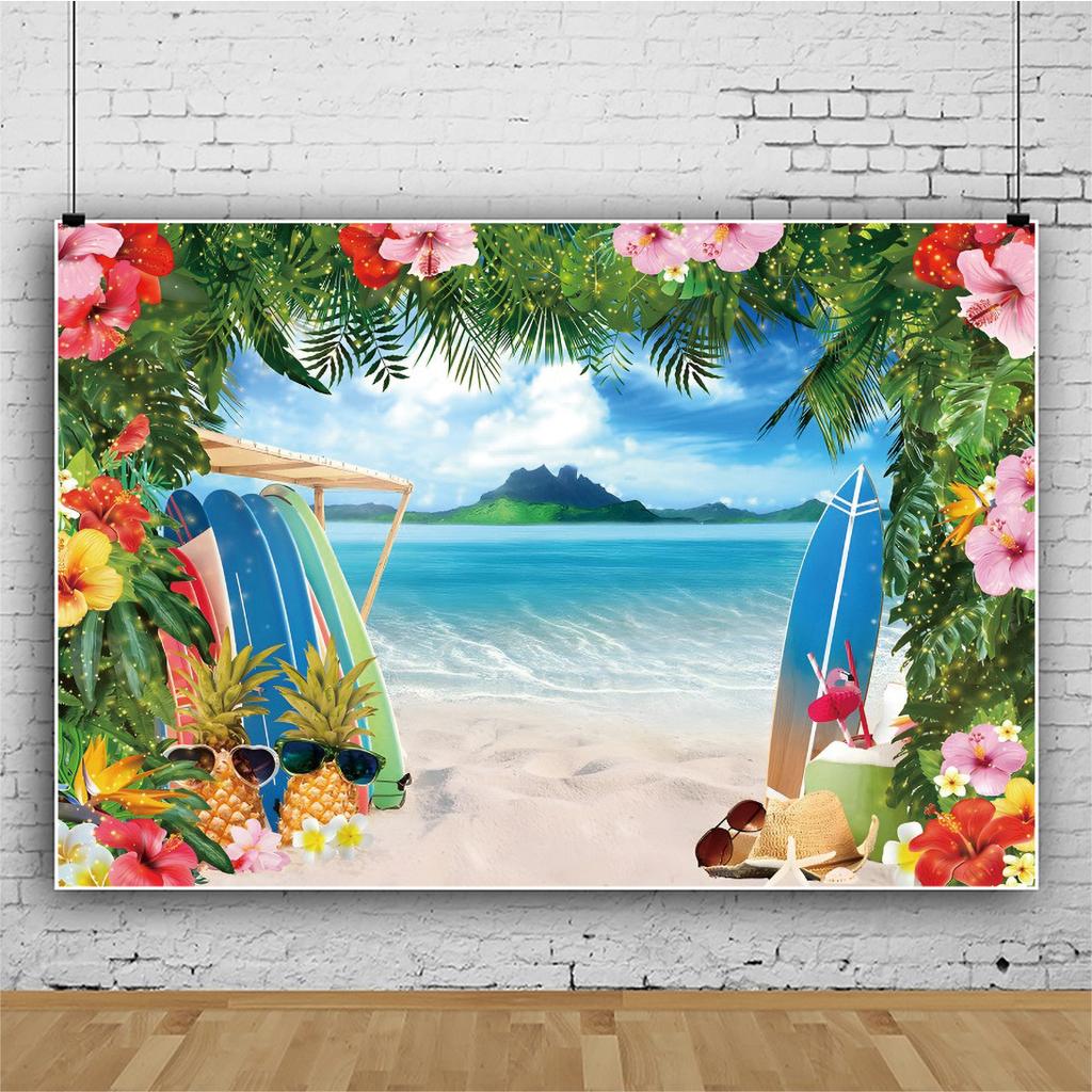 Summer Hawaii Beach Backdrop Tropical Flowers Aloha Luau Sea Surfboard Holiday Party Birthday Photography Background Decor Props