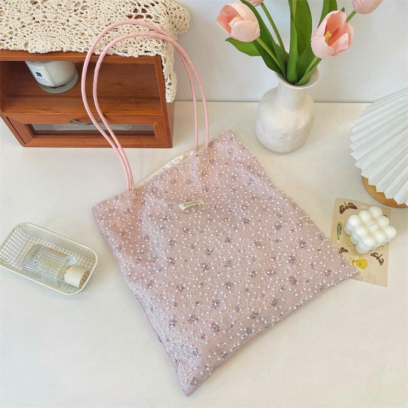 

5 Pearl mesh bag new sweet shoulder handbag summer large capacity canvas bag