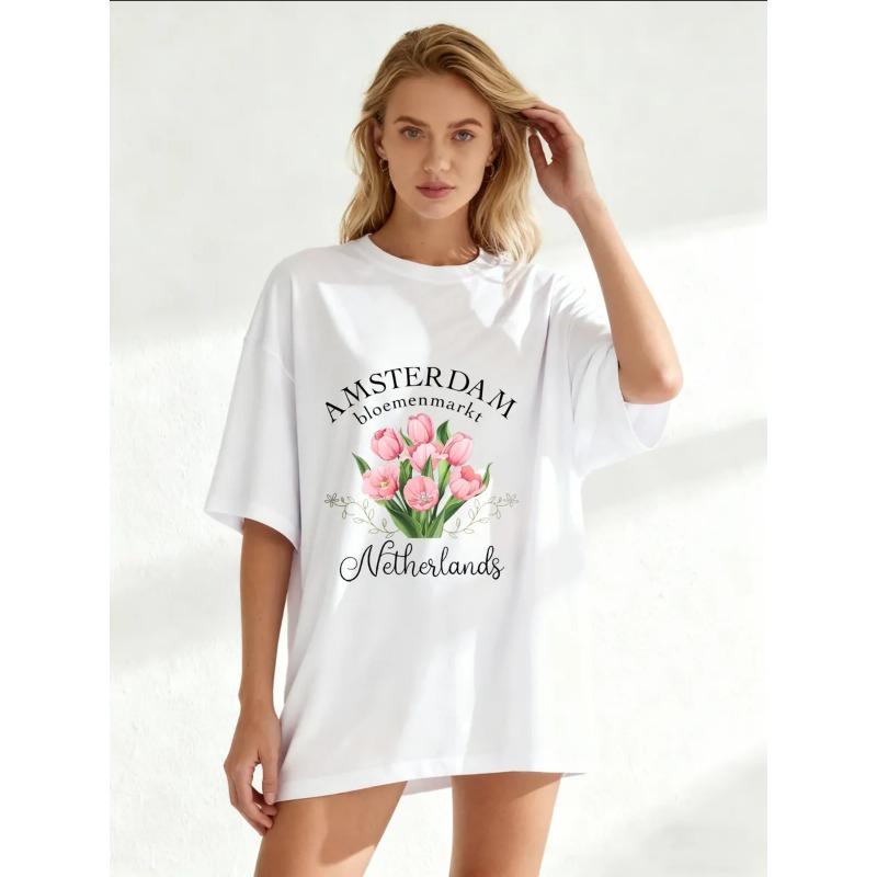 Übergroßes Damen-Kurzarm-T-Shirt mit Amsterdam "bloemenmarkt" Rosa Tulpe & "Netherlands" Textdruck