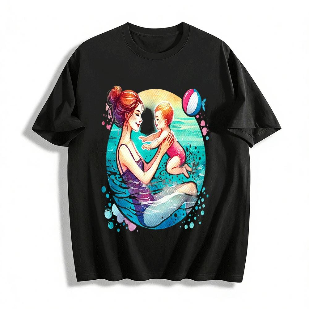 

Mommy And Baby Swimming Fun Printed Casual Top Pure cotton T-shirt XXS