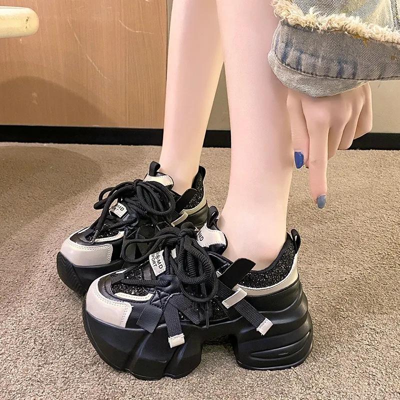 Fashion 7CM Autumn Women Chunky Outdoors Sneakers High Platform Sports Dad Shoes Woman Bling Casual Vulcanized Shoes Zapatillas Mujer
