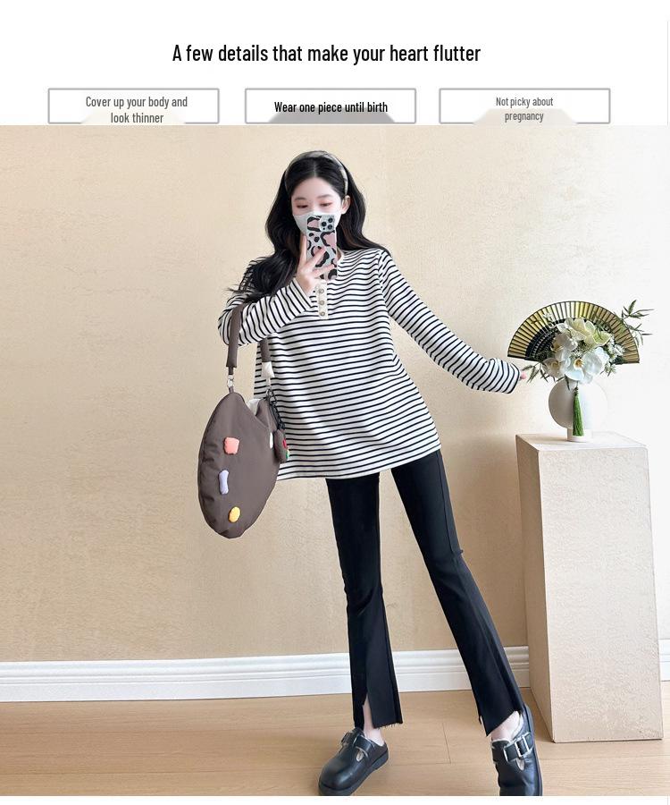 2026 Spring/Summer V-Neck Striped Casual Long Sleeve T-Shirt for Pregnant Women